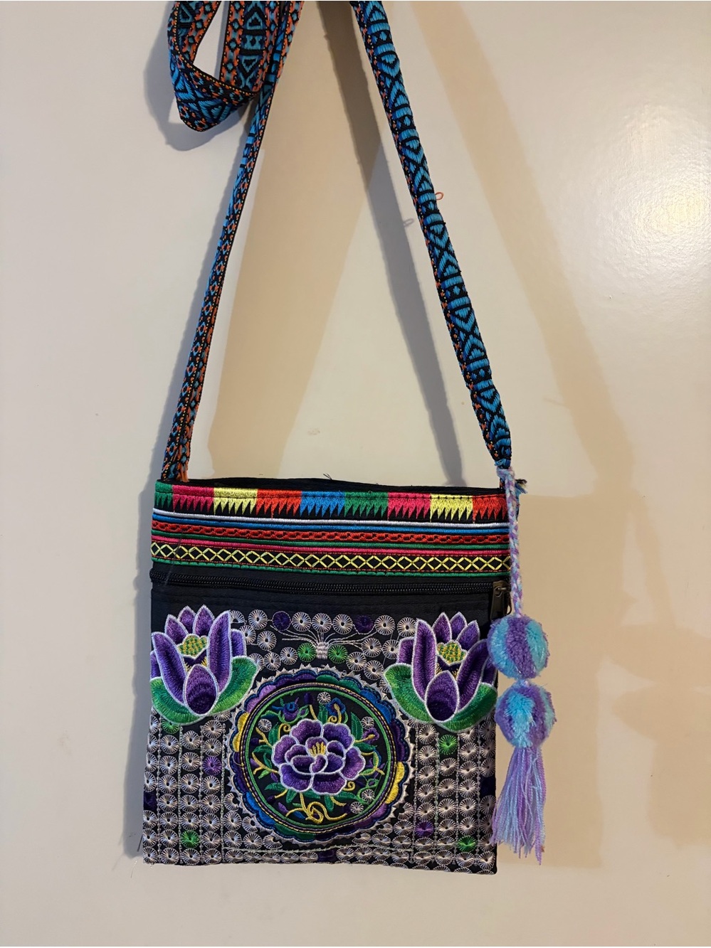 Embroidered Floral Crossbody Bag in Purple and Multicolor